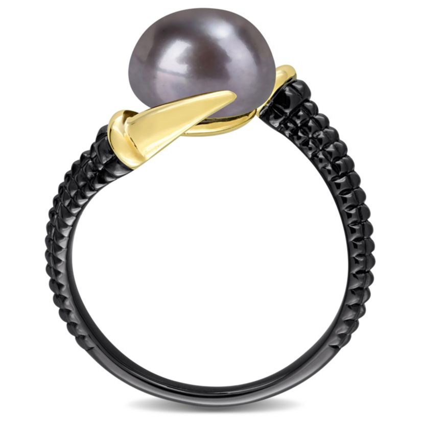 Black Freshwater Cultured Pearl Crossover Ring in Yellow Plated Sterling Silver with Black Rhodium Plated