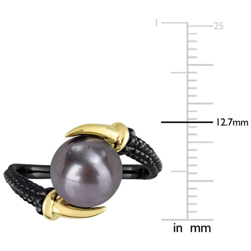 Black Freshwater Cultured Pearl Crossover Ring in Yellow Plated Sterling Silver with Black Rhodium Plated