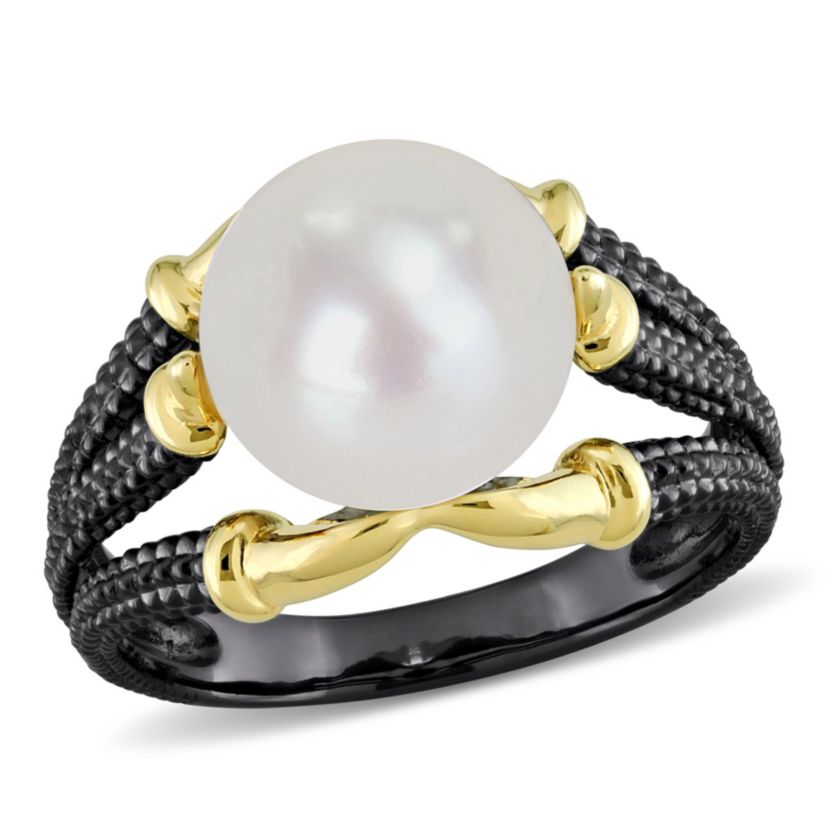 Freshwater Cultured Pearl Split Shank Ring in Yellow Plated Sterling Silver with Black Rhodium Plated