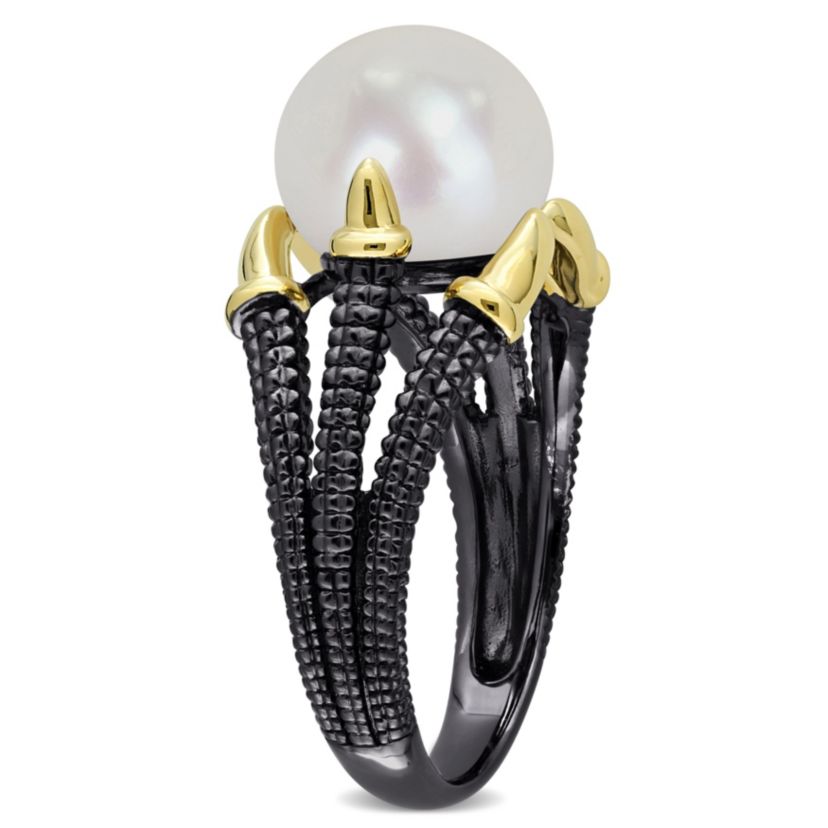 Freshwater Cultured Pearl Split Shank Ring in Yellow Plated Sterling Silver with Black Rhodium Plated