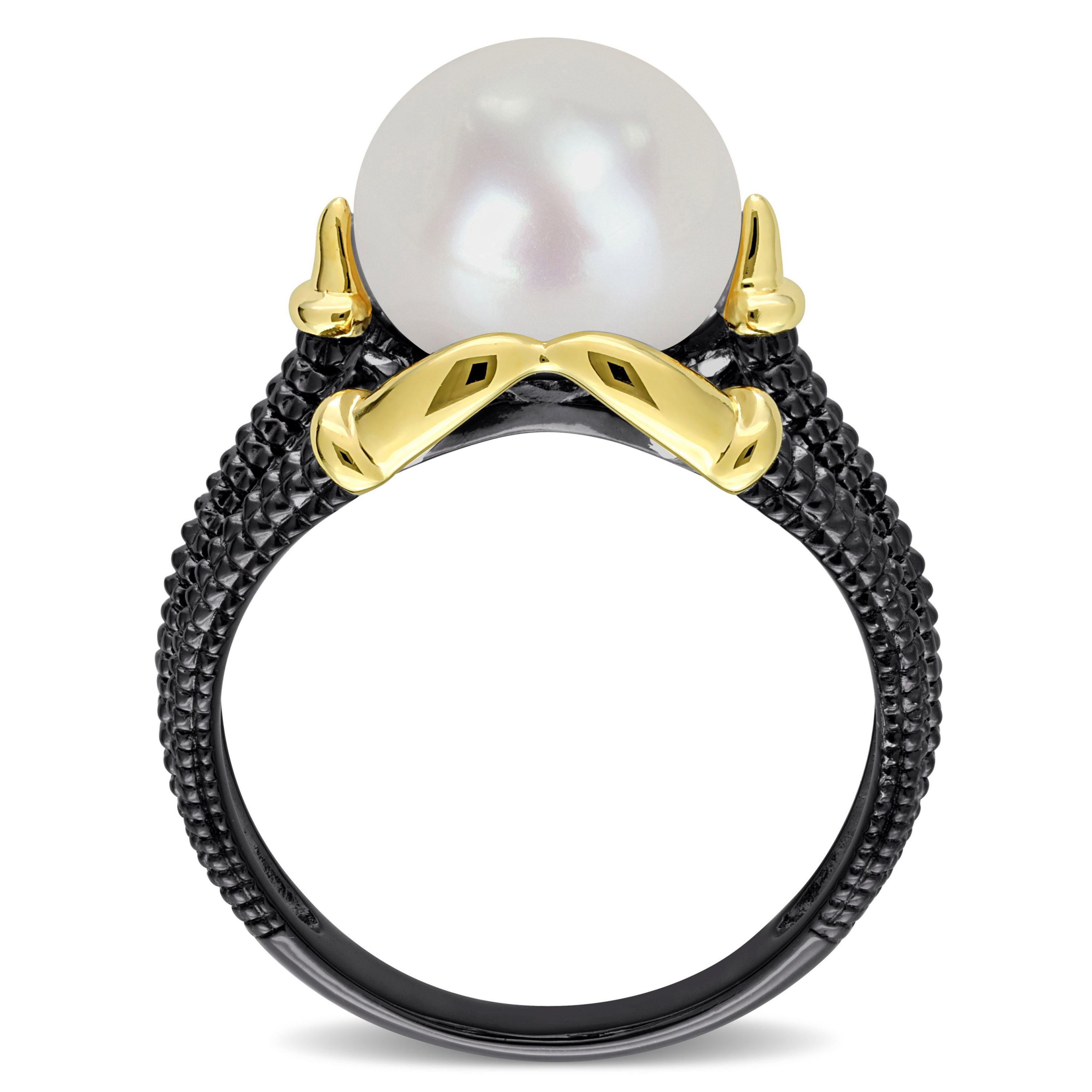 Freshwater Cultured Pearl Split Shank Ring in Yellow Plated Sterling Silver with Black Rhodium Plated