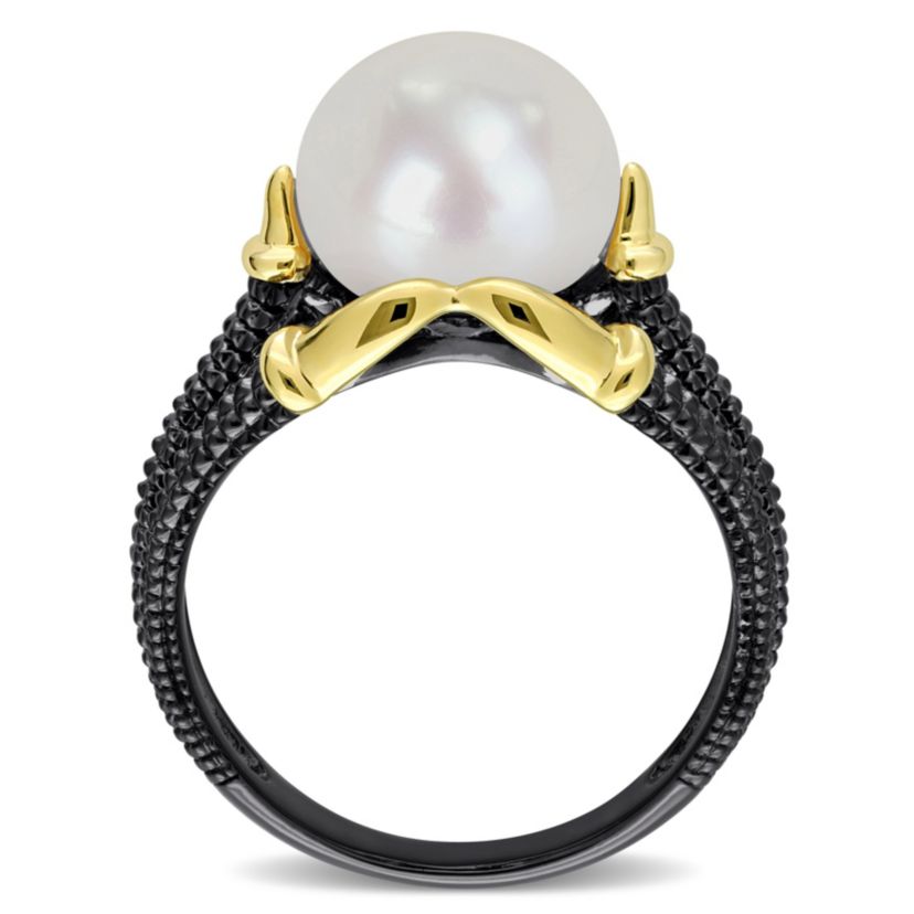 Freshwater Cultured Pearl Split Shank Ring in Yellow Plated Sterling Silver with Black Rhodium Plated
