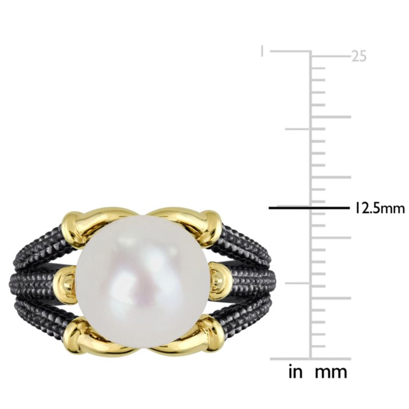 Freshwater Cultured Pearl Split Shank Ring in Yellow Plated Sterling Silver with Black Rhodium Plated
