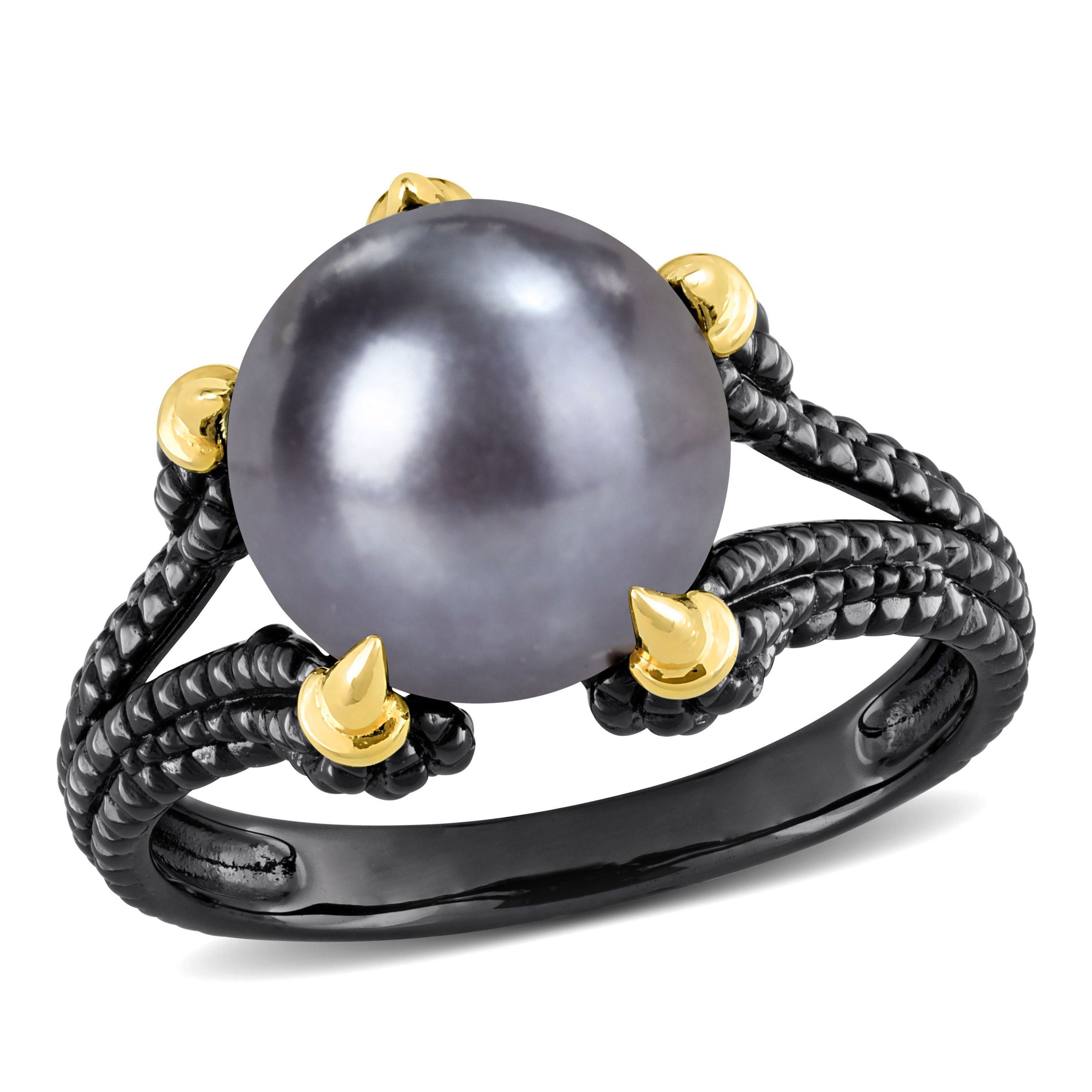 Black Freshwater Cultured Pearl Ring in Yellow Plated Sterling Silver with Black Rhodium Plated