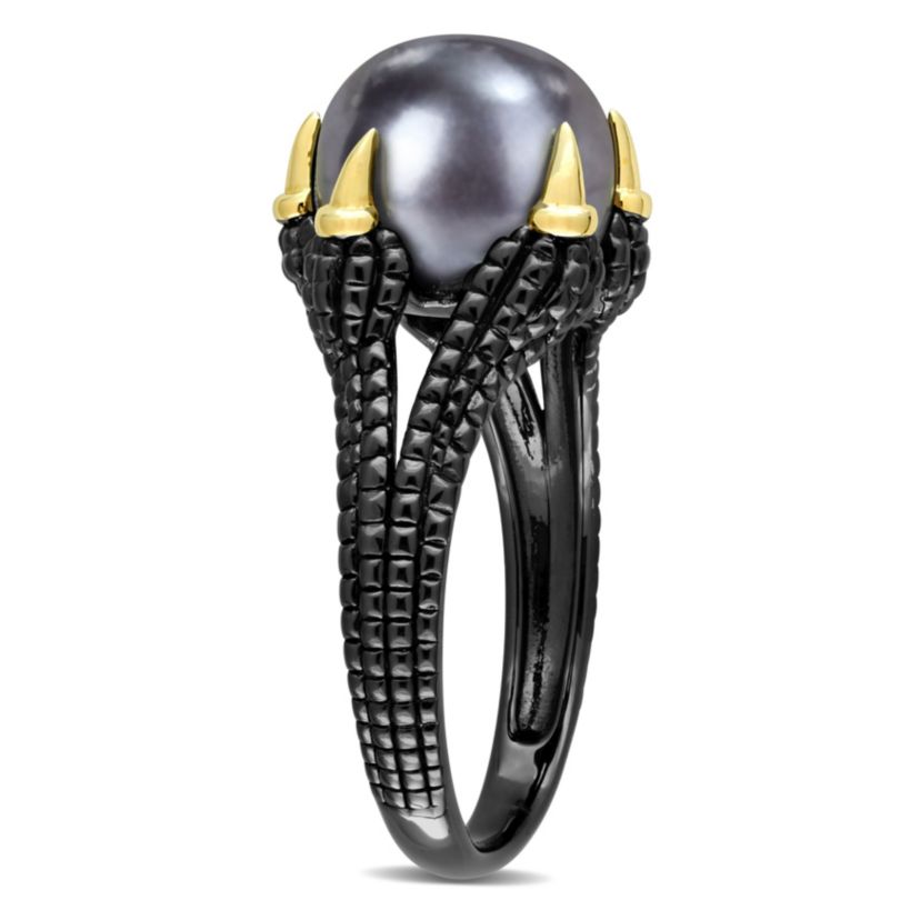 Black Freshwater Cultured Pearl Ring in Yellow Plated Sterling Silver with Black Rhodium Plated