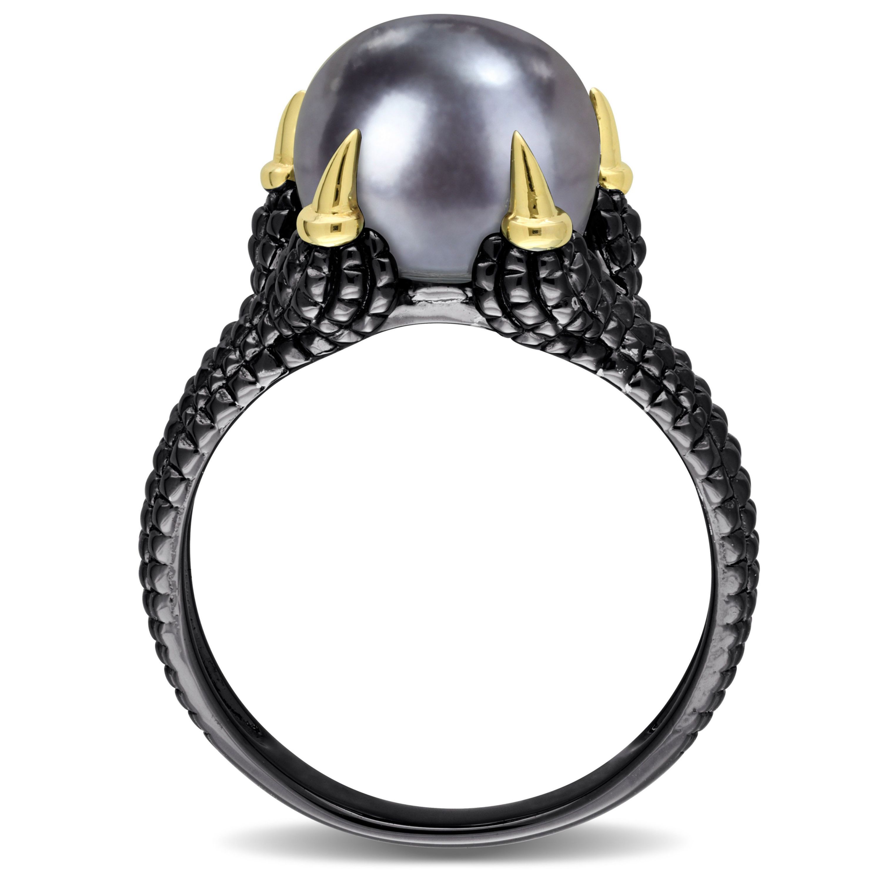 Black Freshwater Cultured Pearl Ring in Yellow Plated Sterling Silver with Black Rhodium Plated
