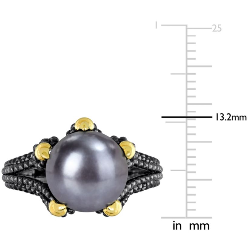 Black Freshwater Cultured Pearl Ring in Yellow Plated Sterling Silver with Black Rhodium Plated