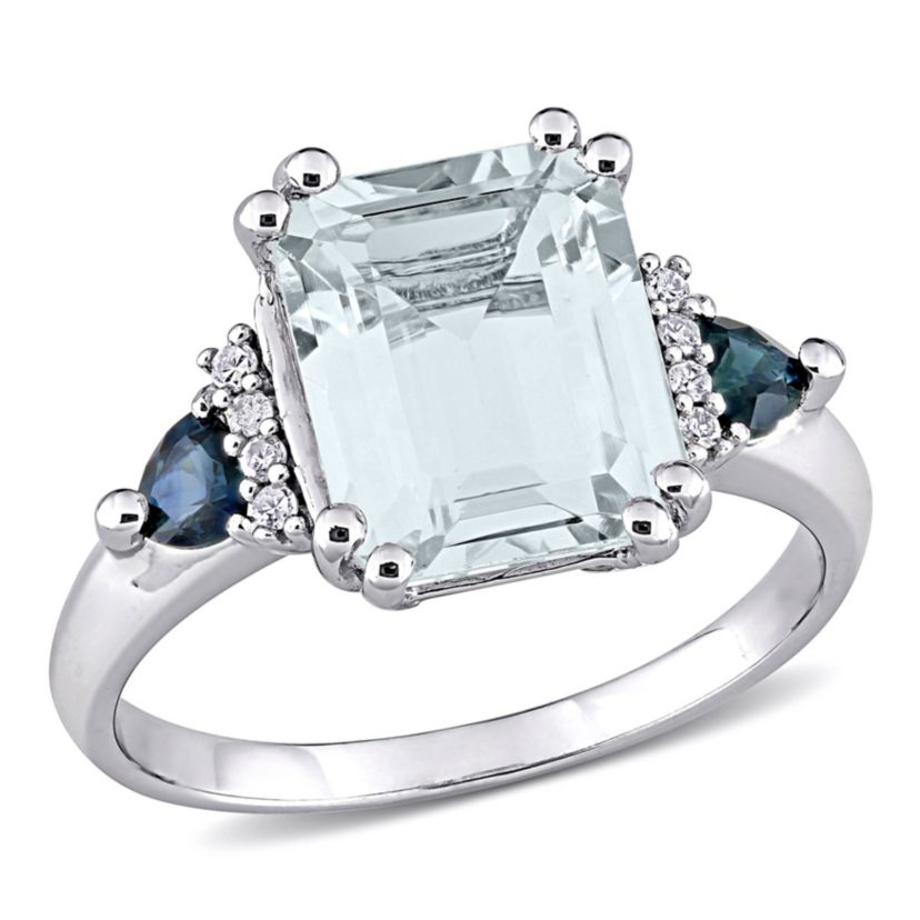 Ice Aquamarine and Sapphire with Diamnd Accent Cocktail Ring in Sterling Silver