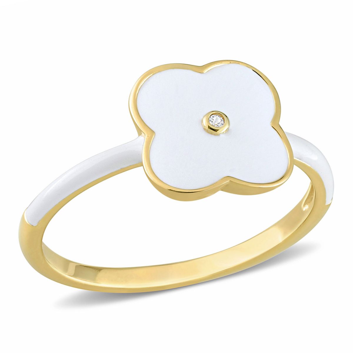 Lab Created Created White Sapphire Floral White Enamel Ring in Yellow Plated Sterling Silver