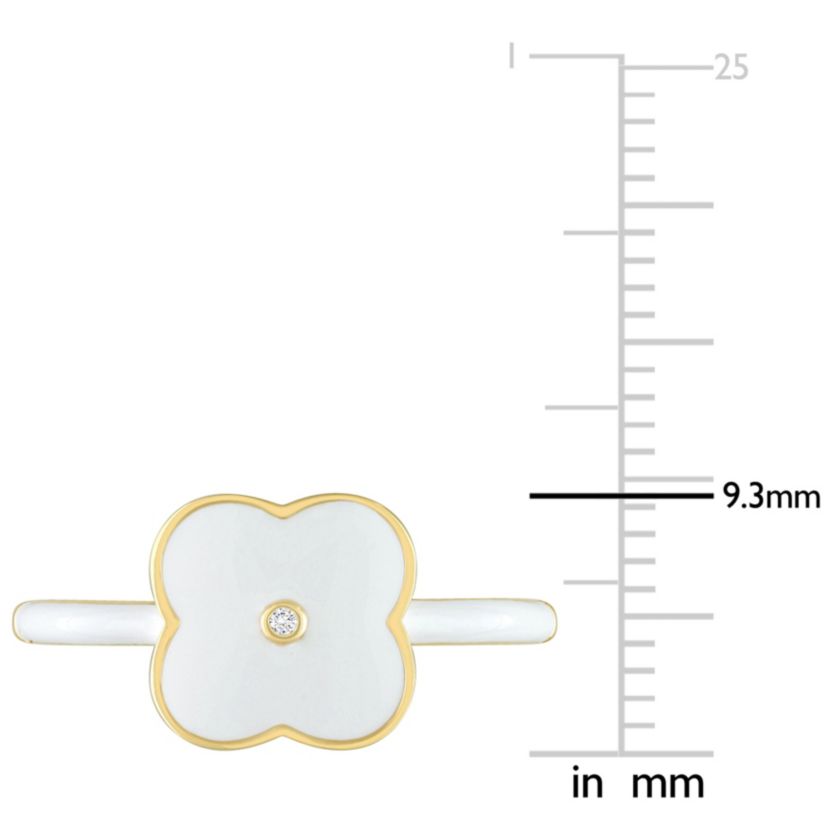 Lab Created Created White Sapphire Floral White Enamel Ring in Yellow Plated Sterling Silver