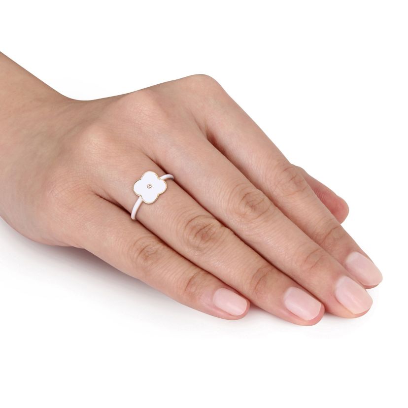 Lab Created Created White Sapphire Floral White Enamel Ring in Yellow Plated Sterling Silver