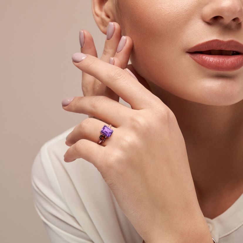 Amethyst and Garnet Ring in Rose Gold Plated Sterling Silver