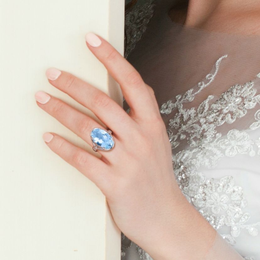 Sky Blue Topaz and White Topaz Solitaire Ring in Sterling Silver