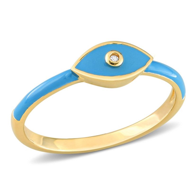 Lab Created Created White Sapphire Evil Eye Enamel Ring in Yellow Plated Sterling Silver