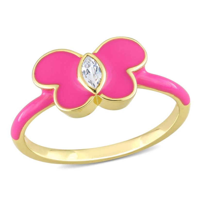 Lab Created Created White Sapphire Pink Enamel Butterfly Ring in Yellow Plated Sterling Silver