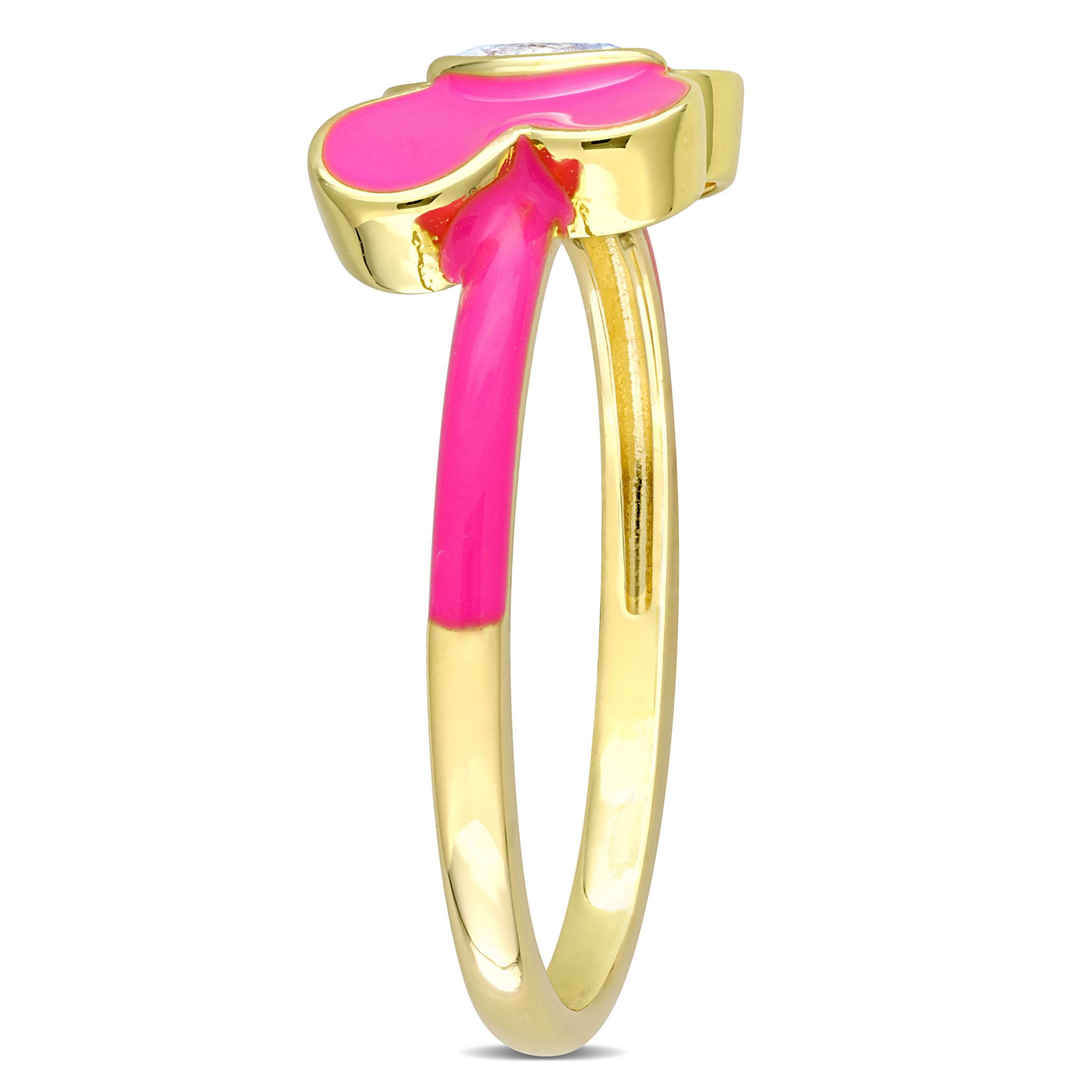 Lab Created Created White Sapphire Pink Enamel Butterfly Ring in Yellow Plated Sterling Silver