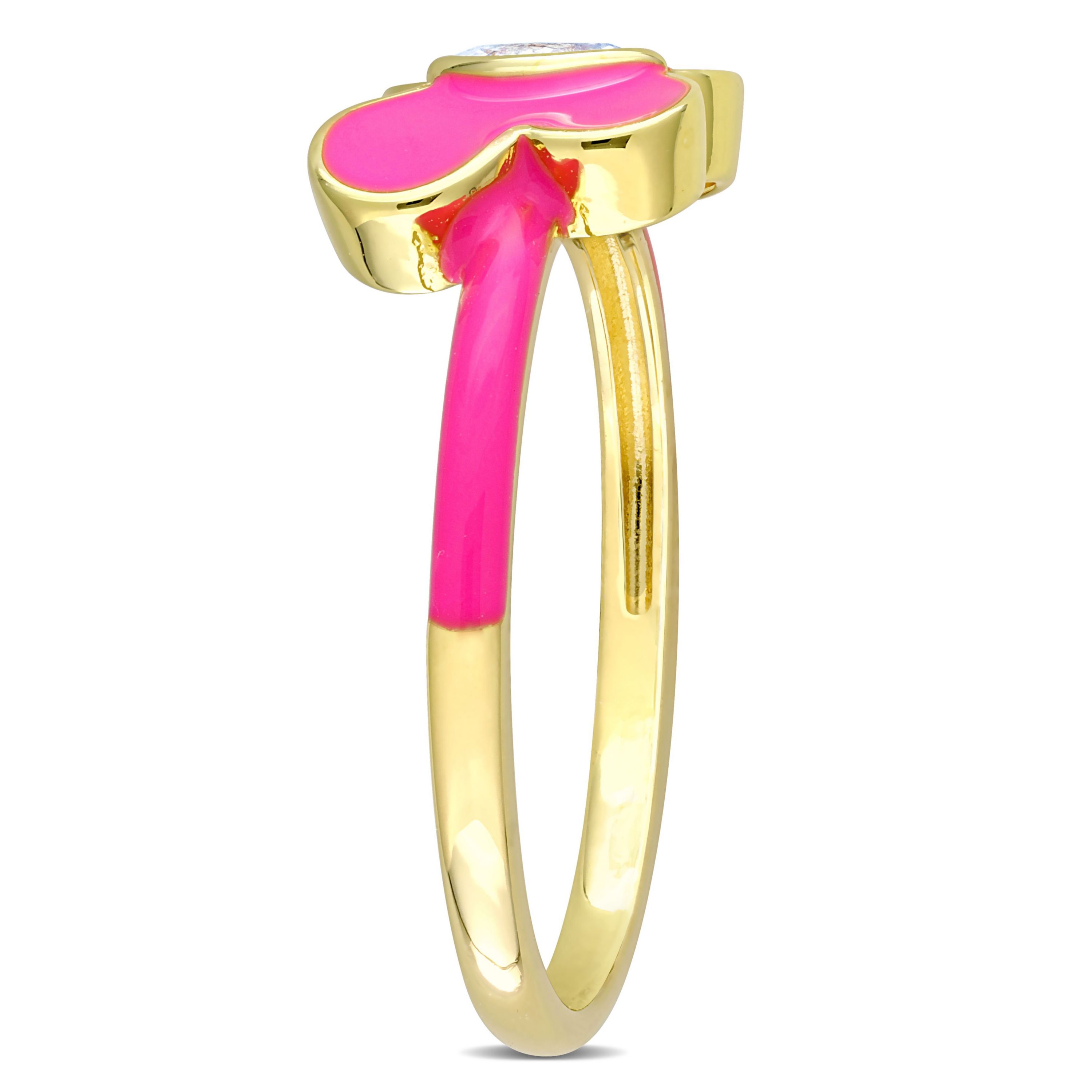 Lab Created Created White Sapphire Pink Enamel Butterfly Ring in Yellow Plated Sterling Silver