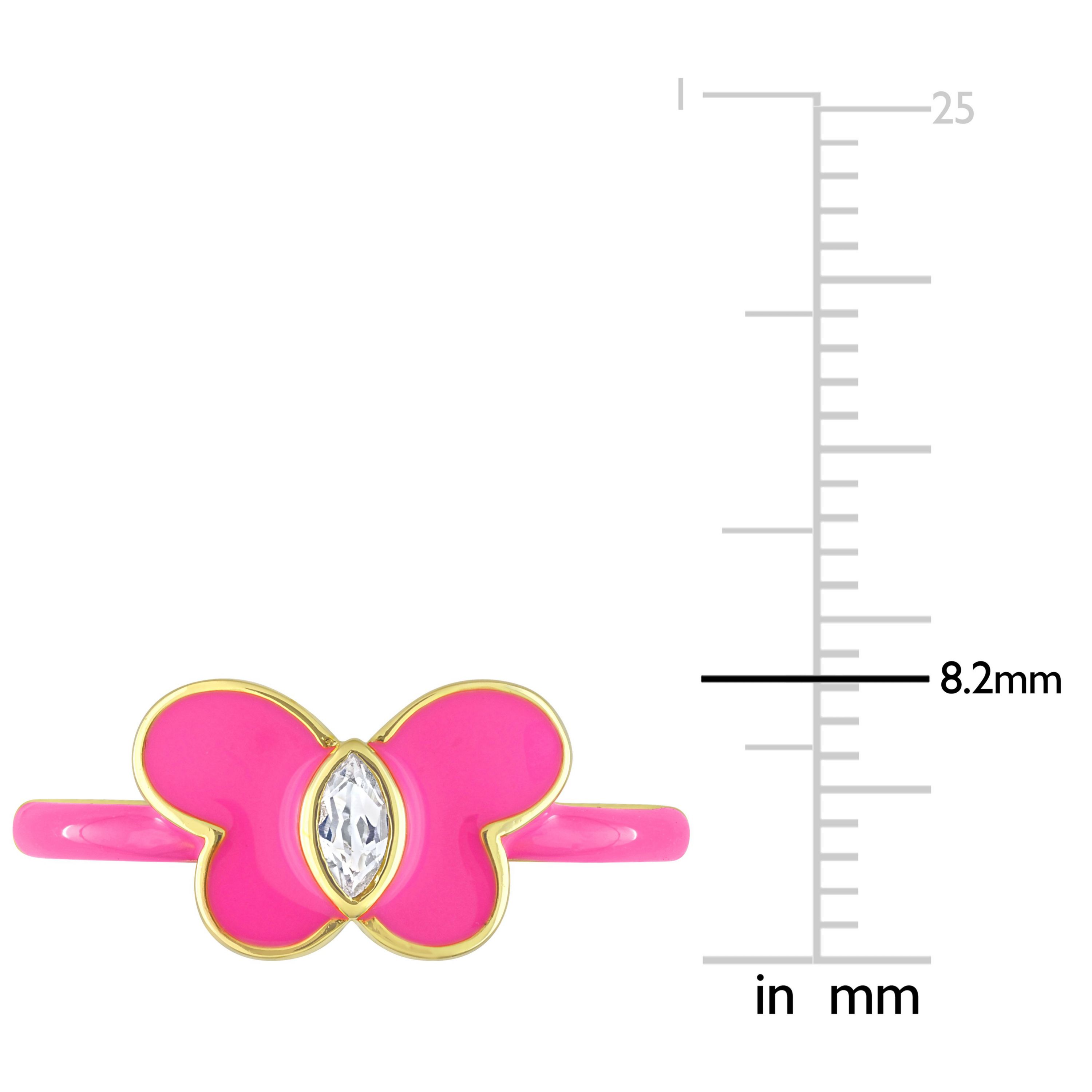 Lab Created Created White Sapphire Pink Enamel Butterfly Ring in Yellow Plated Sterling Silver