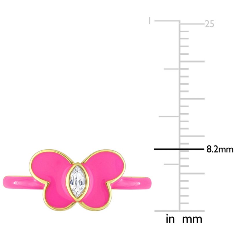 Lab Created Created White Sapphire Pink Enamel Butterfly Ring in Yellow Plated Sterling Silver