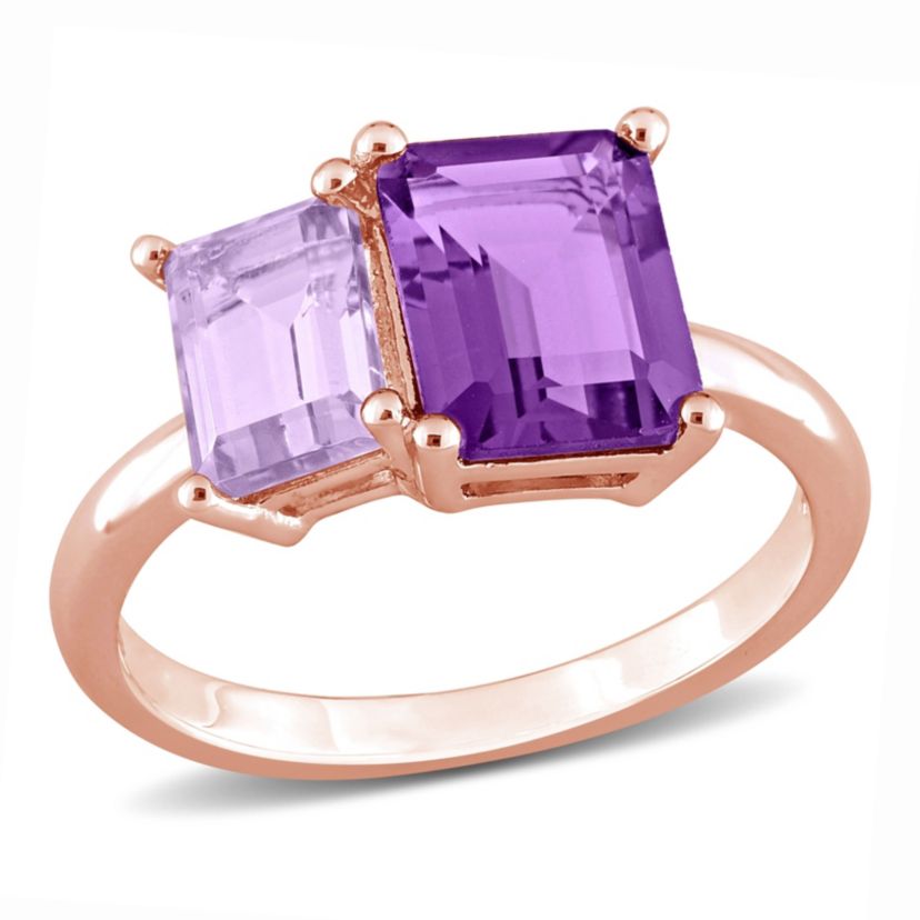 Amethyst and Pink Amethyst Ring in Rose Plated Sterling Silver