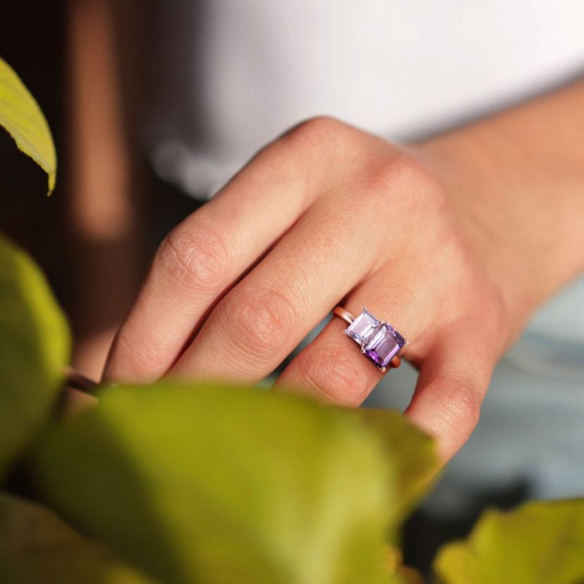 Amethyst and Pink Amethyst Ring in Rose Plated Sterling Silver