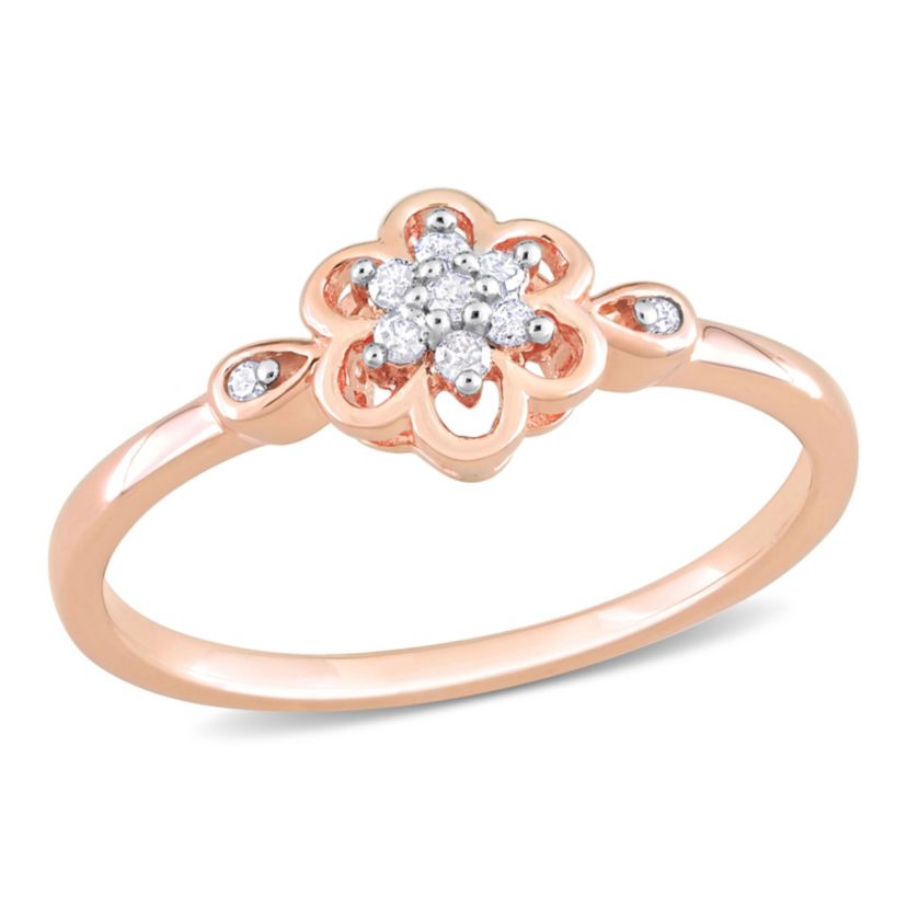 1/10 ct. t.w. Diamond Flower Ring in Rose Plated Sterling Silver
