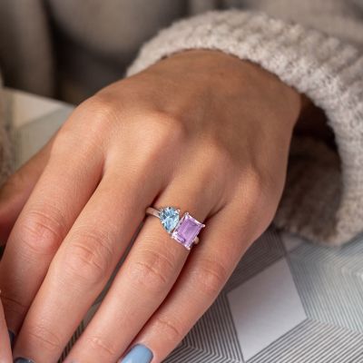 Sky Blue Topaz and Pink Amethyst 2-Stone Toi et Moi Ring Sterling Silver