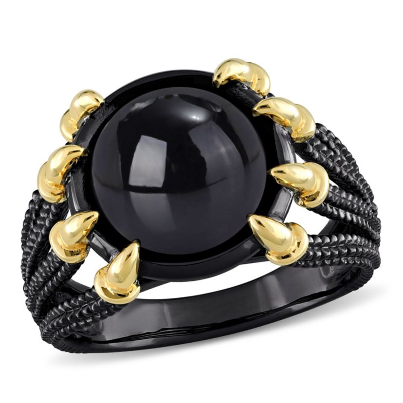 Malachite Roped Split-Shank Cocktail Ring in Yellow and Black Rhodium Plated Sterling Silver