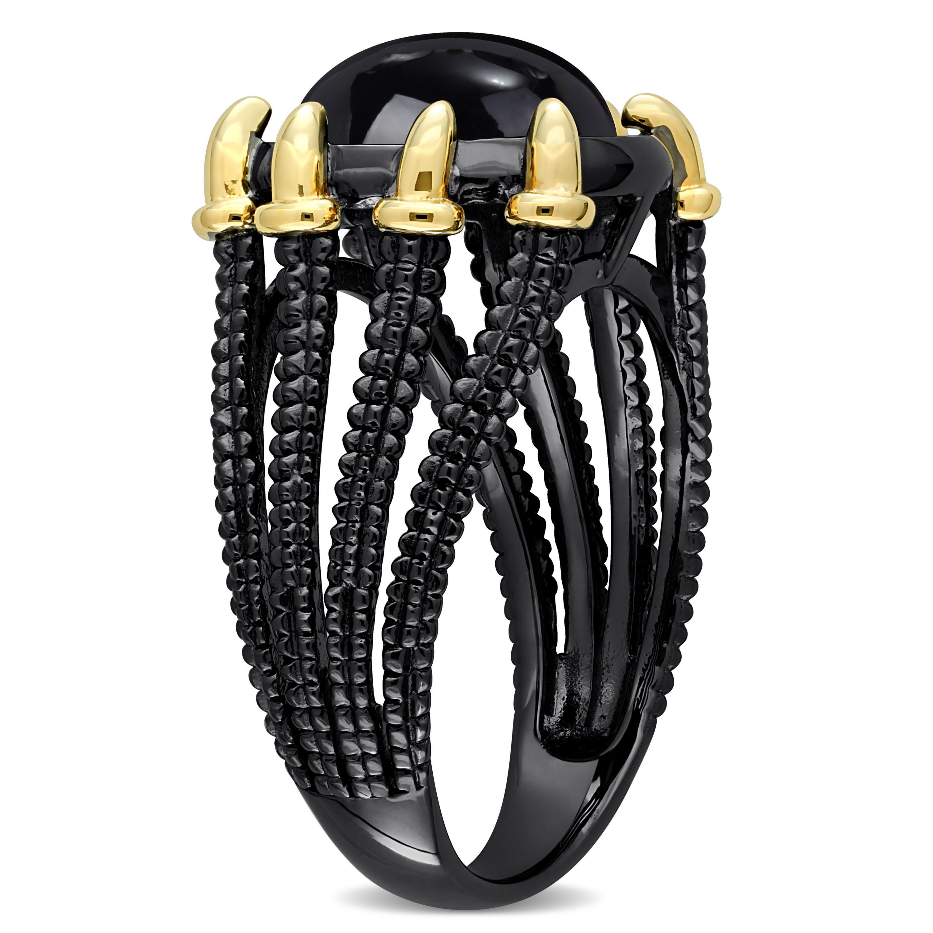 Malachite Roped Split-Shank Cocktail Ring in Yellow and Black Rhodium Plated Sterling Silver