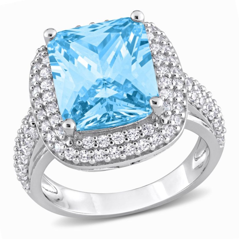 Light Blue Pastel & White Cubic Zirconia Double Halo Ring in Sterling Silver