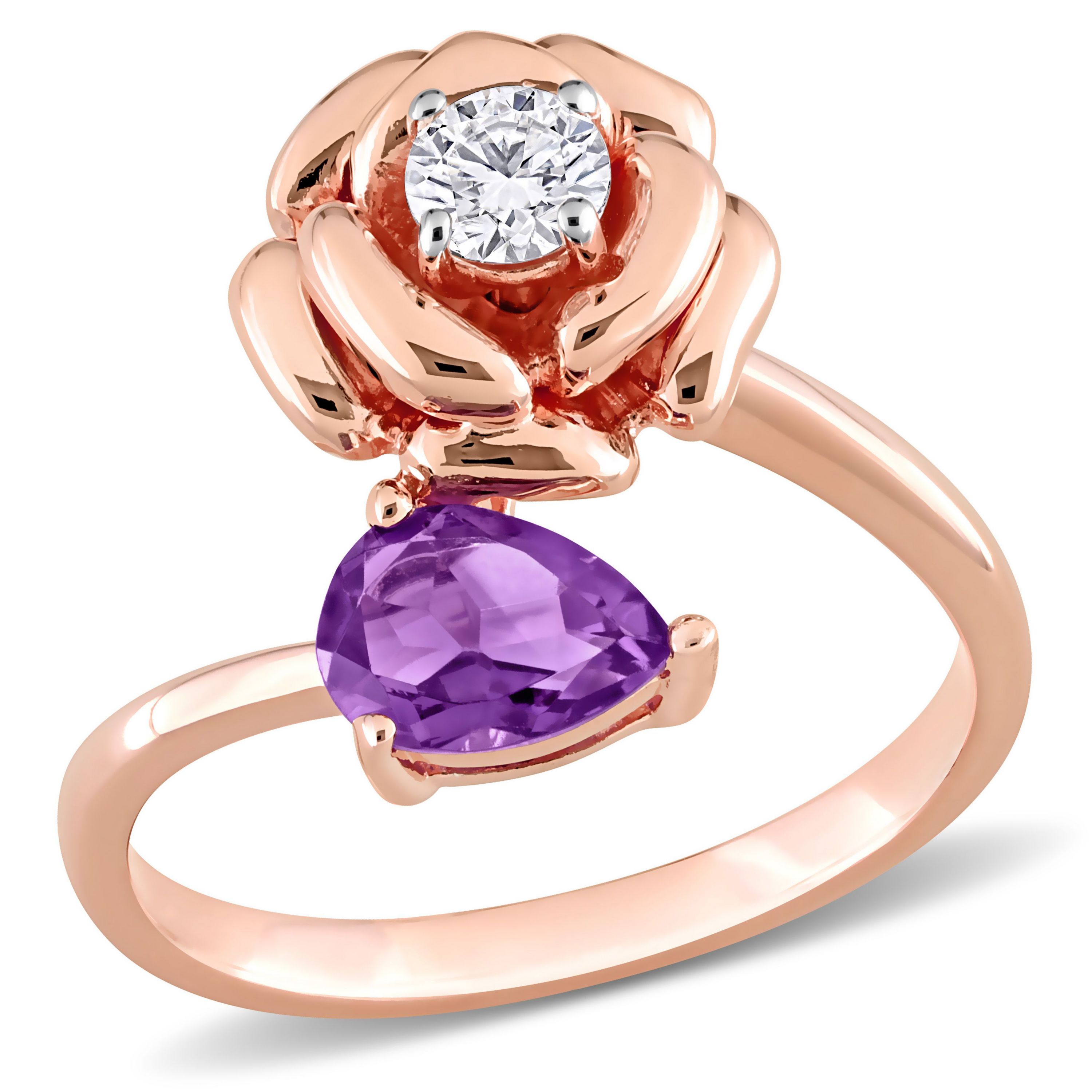 African-Amethyst and White Topaz 2-Stone Rose Ring in Rose Plated Sterling Silver