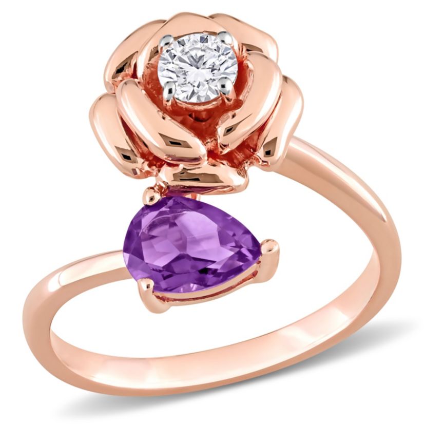 African-Amethyst and White Topaz 2-Stone Rose Ring in Rose Plated Sterling Silver