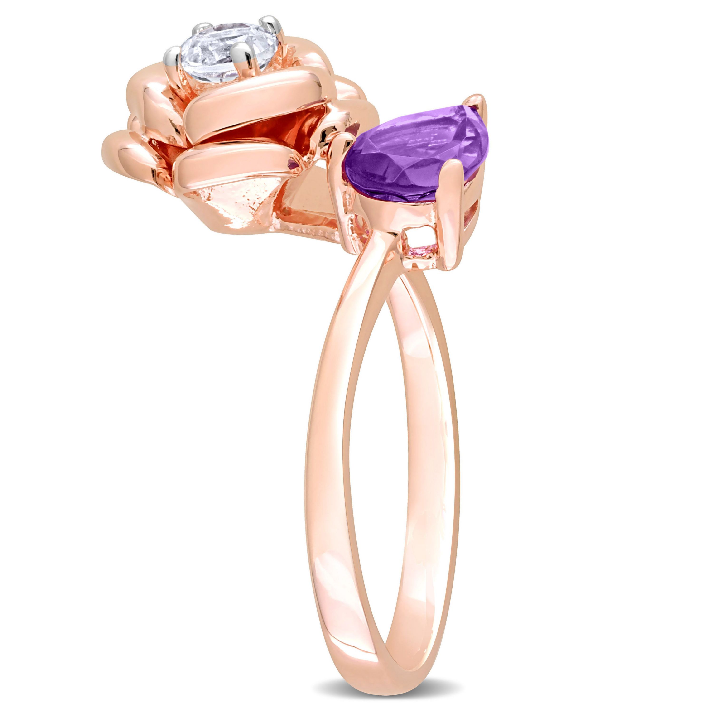 African-Amethyst and White Topaz 2-Stone Rose Ring in Rose Plated Sterling Silver