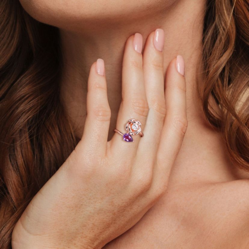 African-Amethyst and White Topaz 2-Stone Rose Ring in Rose Plated Sterling Silver