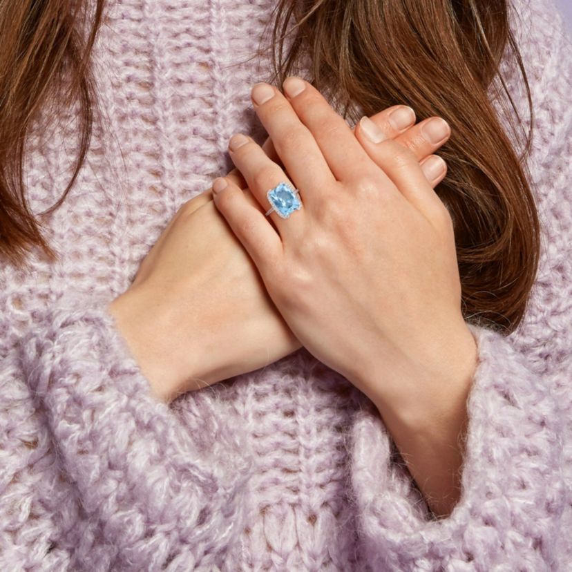 Sky Blue Topaz and White Topaz Bracket Cocktail Ring in Sterling Silver