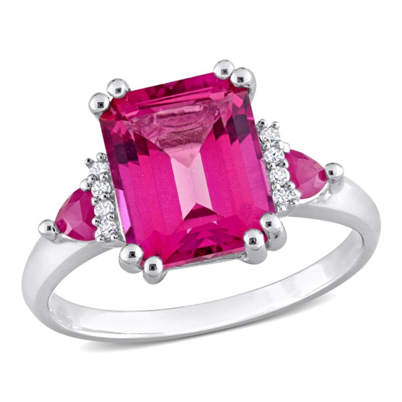 Pink Topaz and Ruby with Diamond Accent 3-Stone Ring in Sterling Silver