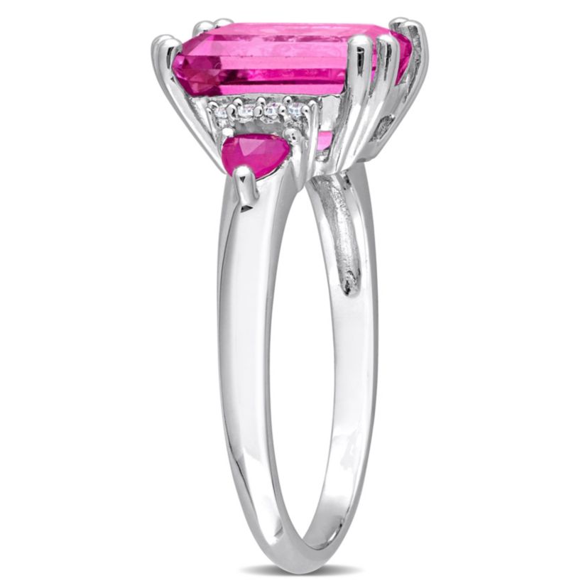 Pink Topaz and Ruby with Diamond Accent 3-Stone Ring in Sterling Silver