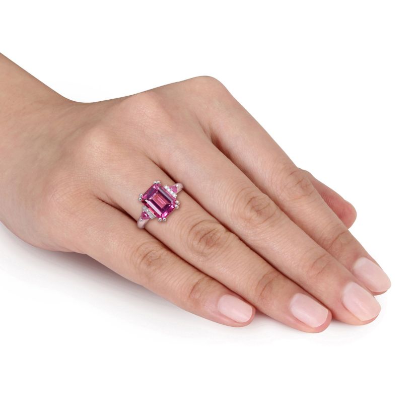 Pink Topaz and Ruby with Diamond Accent 3-Stone Ring in Sterling Silver