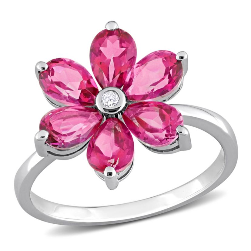 Pink Topaz and Diamond Accent Floral Ring in 10K White Gold