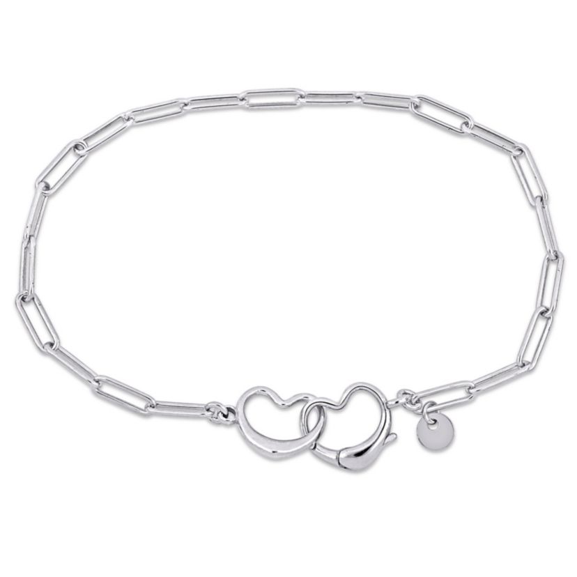 Paper Clip Link Bracelet with Double Heart Clasp in Sterling Silver - 7.5"