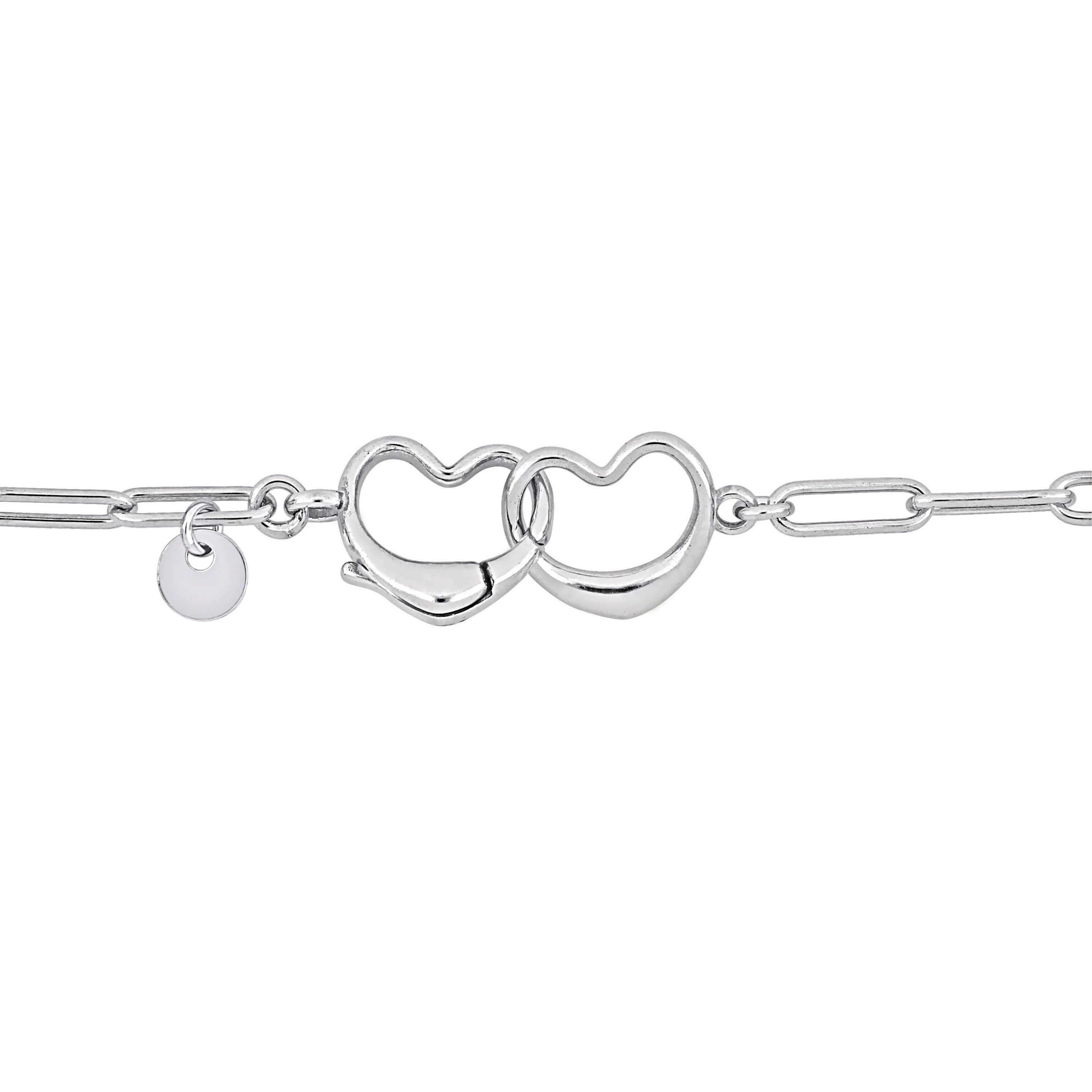 Paper Clip Link Bracelet with Double Heart Clasp in Sterling Silver - 7.5"