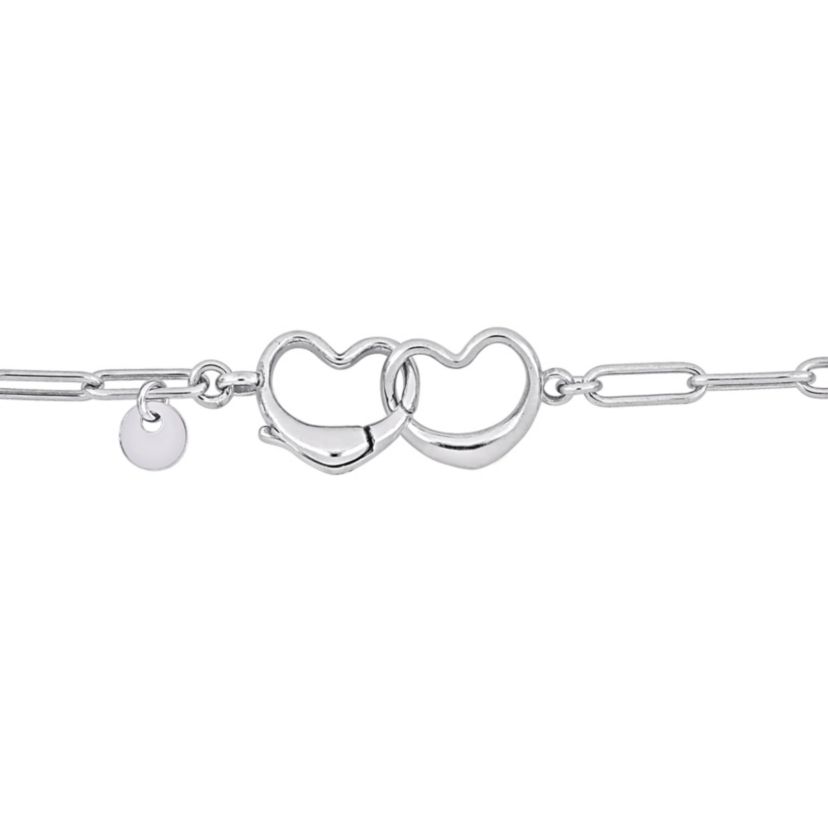 Paper Clip Link Bracelet with Double Heart Clasp in Sterling Silver - 7.5"