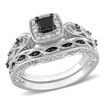 5/8 CT Black and White Diamond Princess-cut Halo Bridal Ring Set Sterling Silver