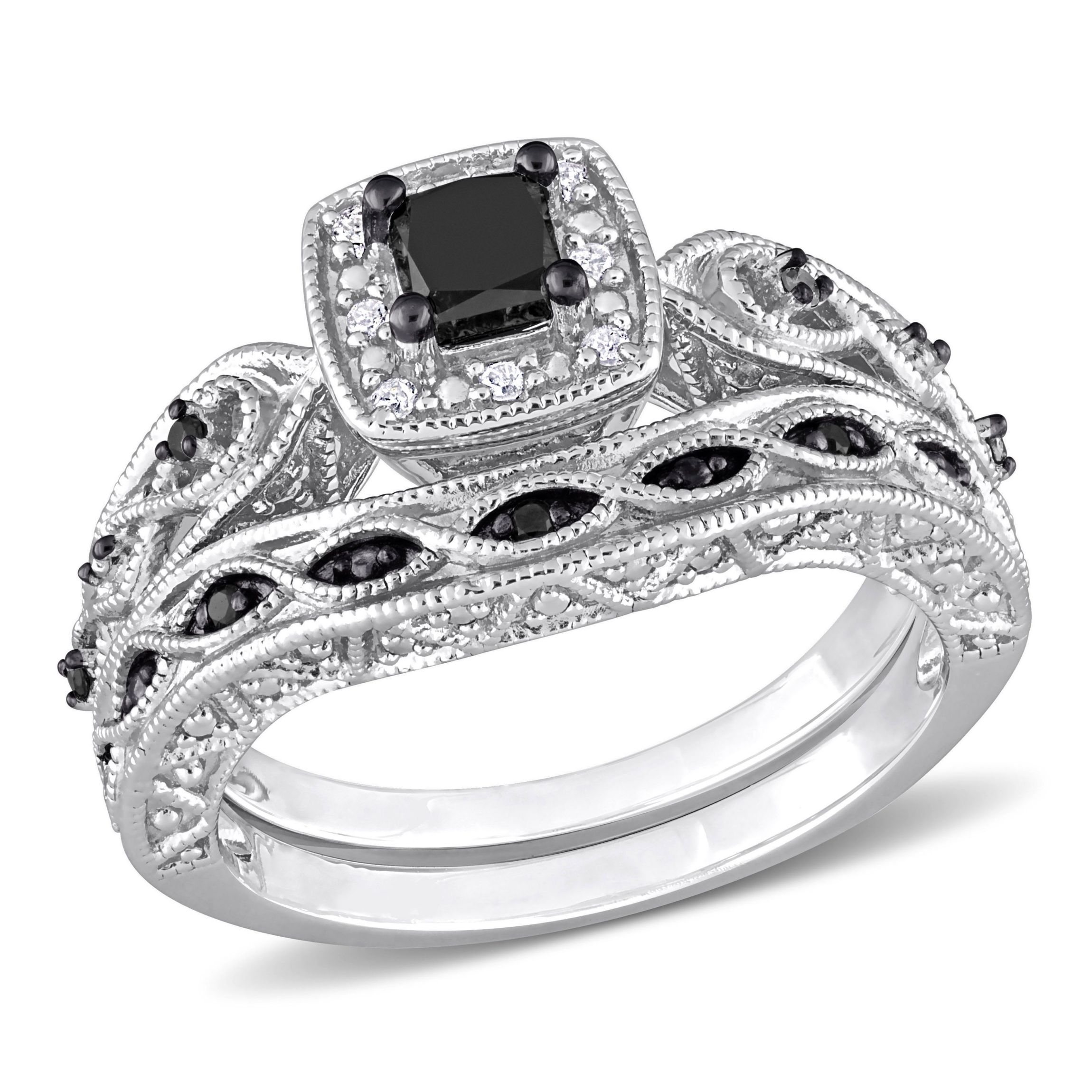 5/8 CT Black and White Diamond Princess-cut Halo Bridal Ring Set in Sterling Silver