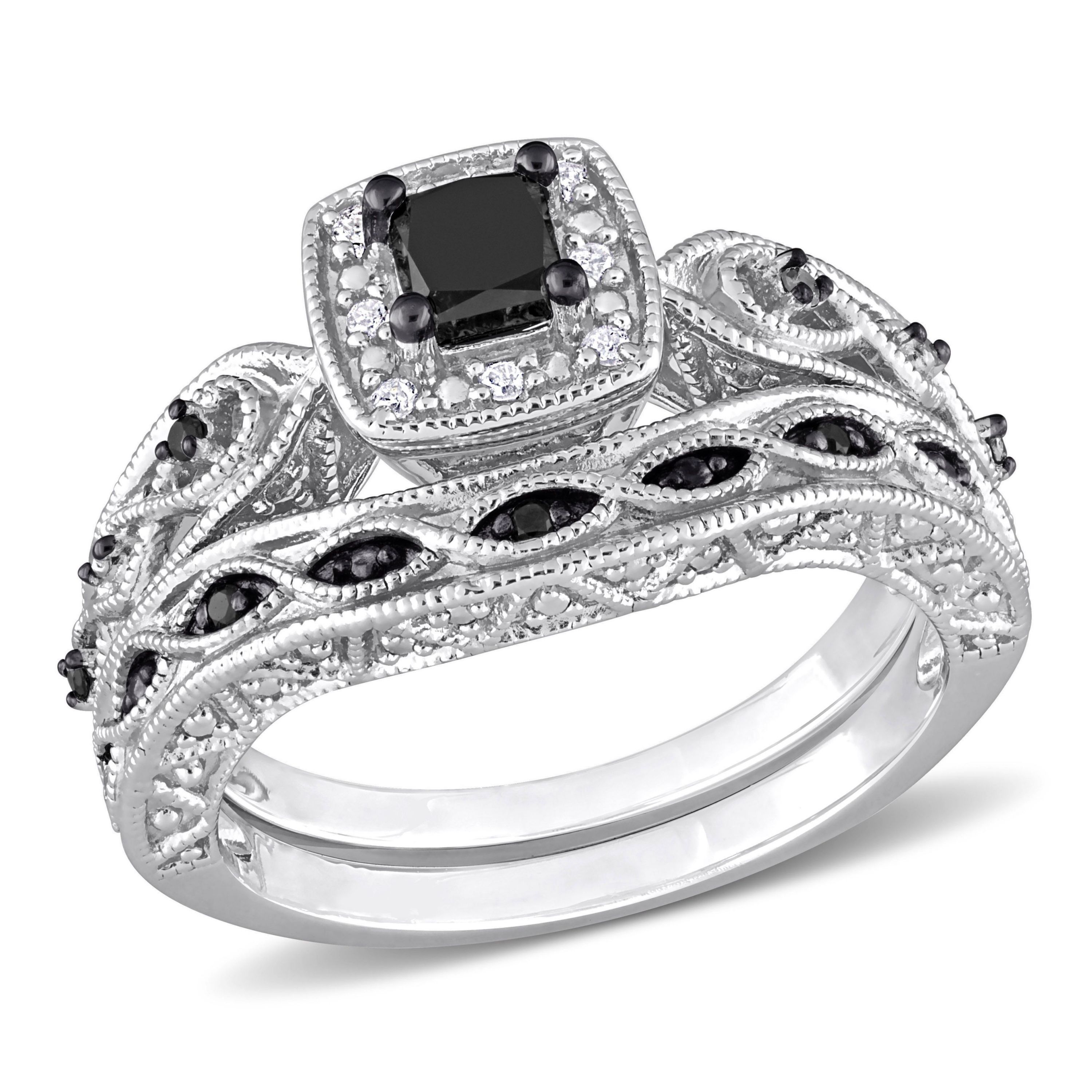 5/8 CT Black and White Diamond Princess-cut Halo Bridal Ring Set in Sterling Silver