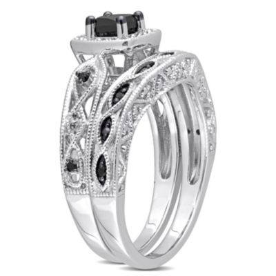 5/8 CT Black and White Diamond Princess-cut Halo Bridal Ring Set Sterling Silver