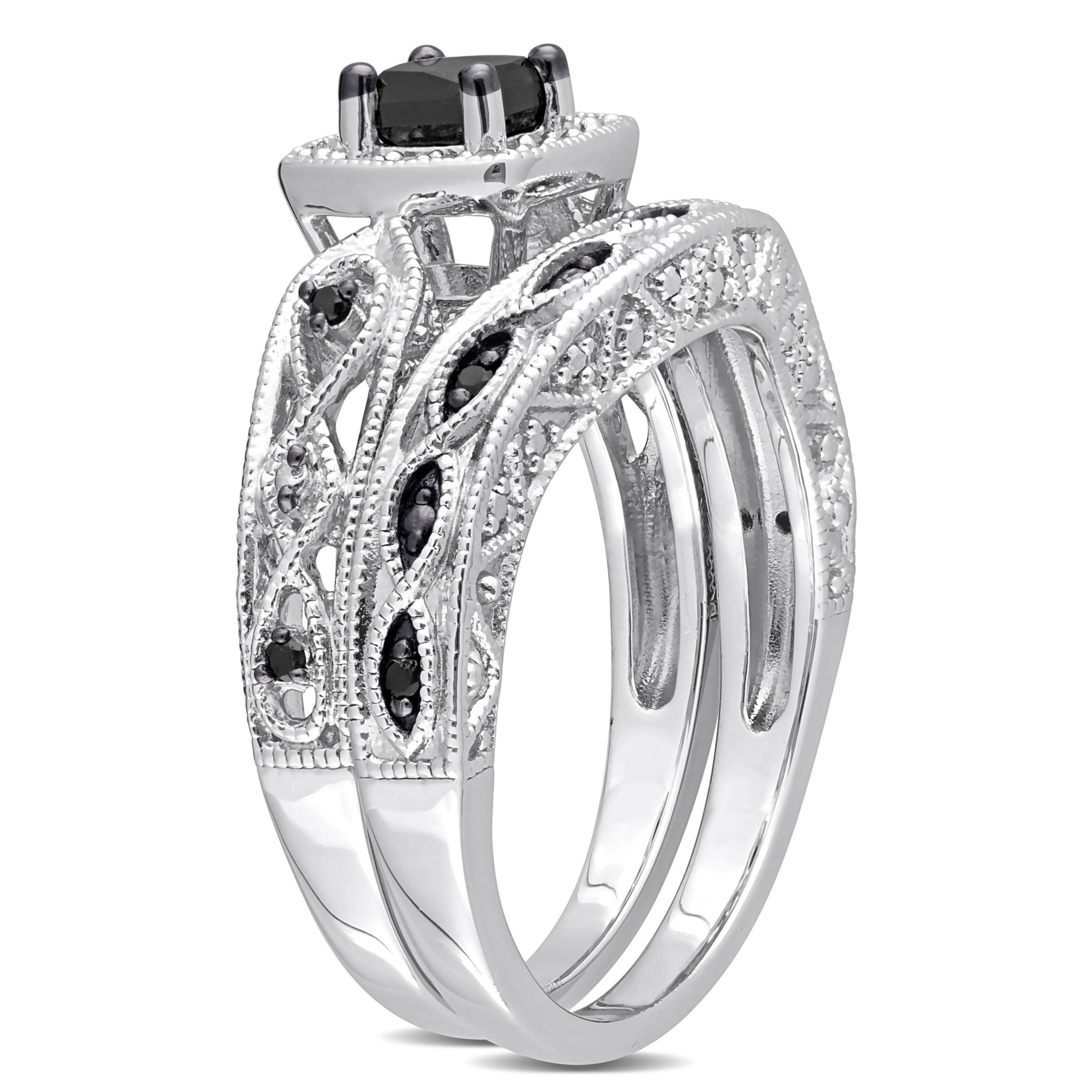 5/8 CT Black and White Diamond Princess-cut Halo Bridal Ring Set in Sterling Silver