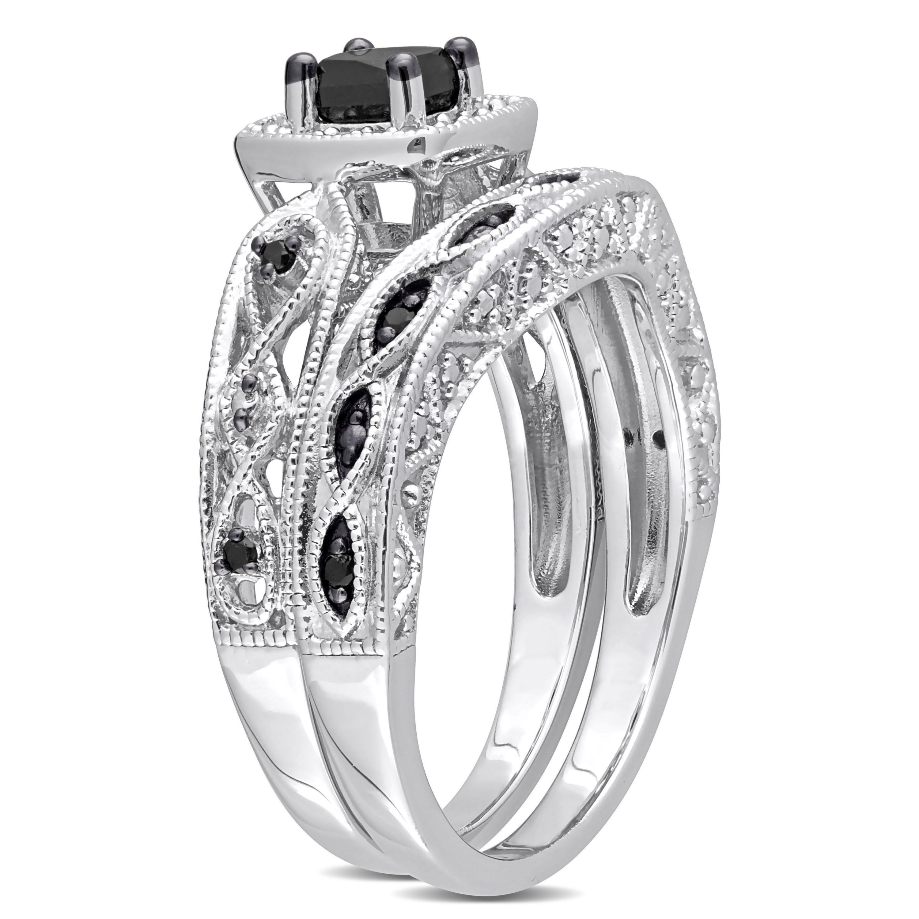 5/8 CT Black and White Diamond Princess-cut Halo Bridal Ring Set in Sterling Silver