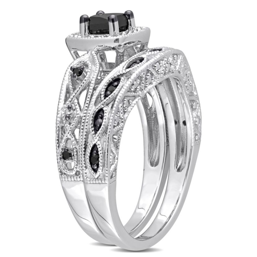 5/8 CT Black and White Diamond Princess-cut Halo Bridal Ring Set in Sterling Silver