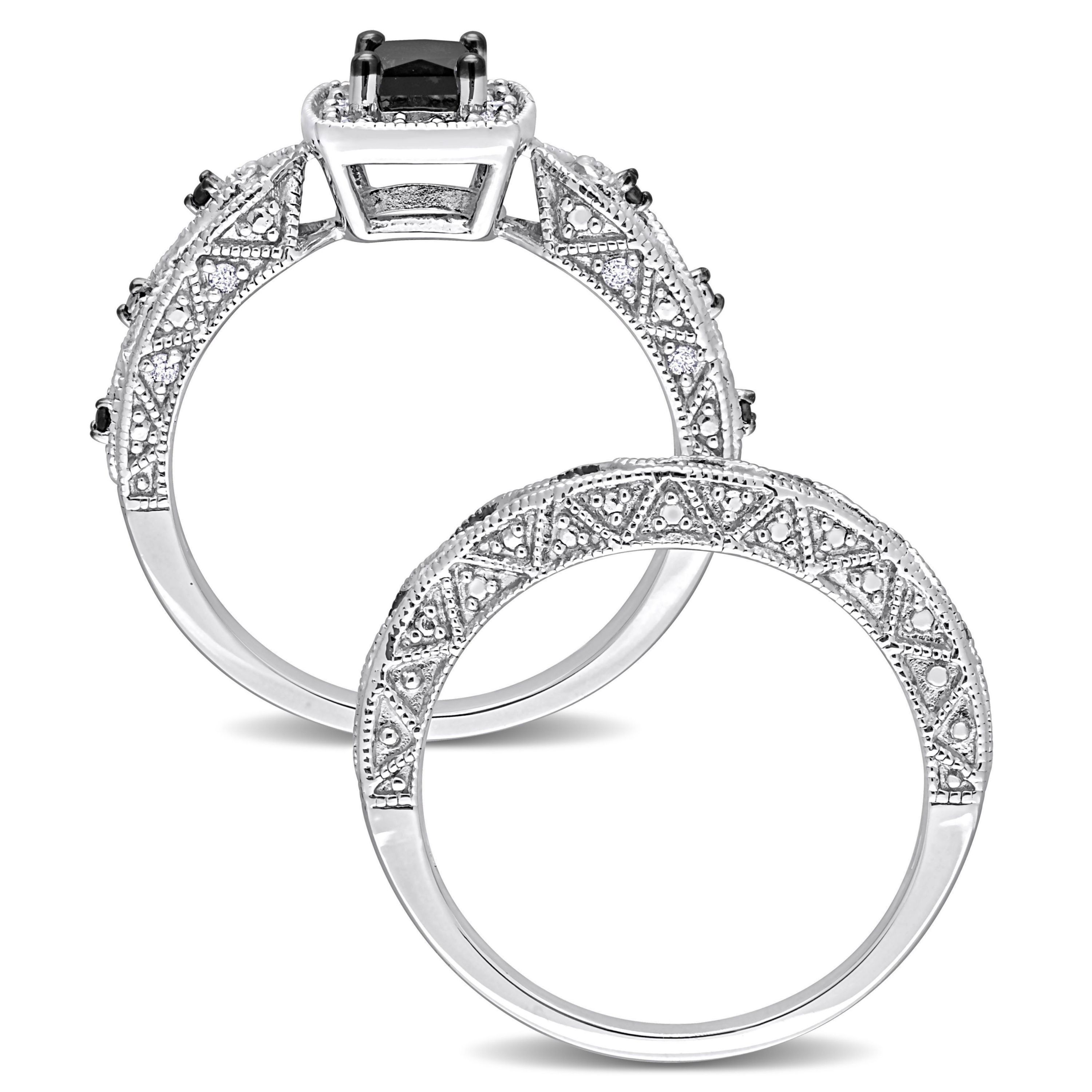 5/8 CT Black and White Diamond Princess-cut Halo Bridal Ring Set in Sterling Silver